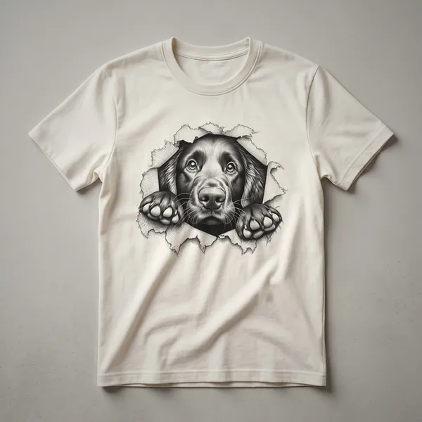 Black Flat-Coated Retriever peeking from the left side of a white t-shirt, showcasing its head and friendly expression.