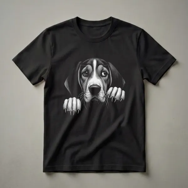 Black and white scratchboard art t-shirt featuring a Treeing Walker Coonhound dog peeking over the edge with its paws visible.