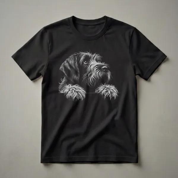 Black and white sketch of a Wirehaired Pointing Griffon dog with textured fur and expressive eyes, peeking over a surface, on a black t-shirt.