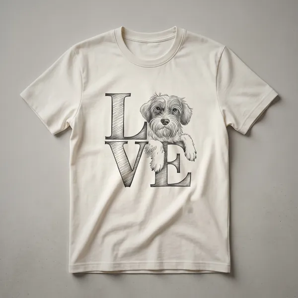 White graphic t-shirt featuring the head of a Wirehaired Pointing Griffon dog with a heart symbol.