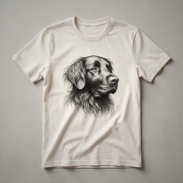 A black graphic t-shirt featuring a minimalist line art illustration of a Flat-Coated Retriever dog.
