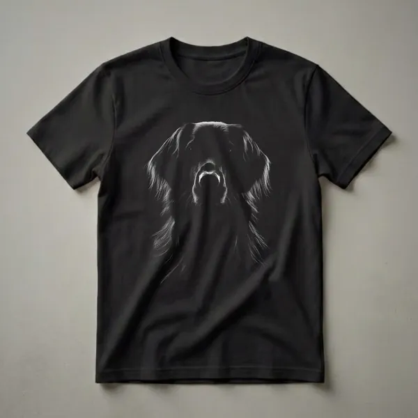 Black and white graphic art of a Flat-Coated Retriever's face, with detailed linework highlighting its fur and eyes, set against a black background.