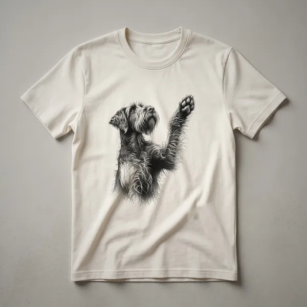 Black t-shirt featuring a graphic illustration of a Wirehaired Pointing Griffon dog raising its front paw, with a textured appearance.