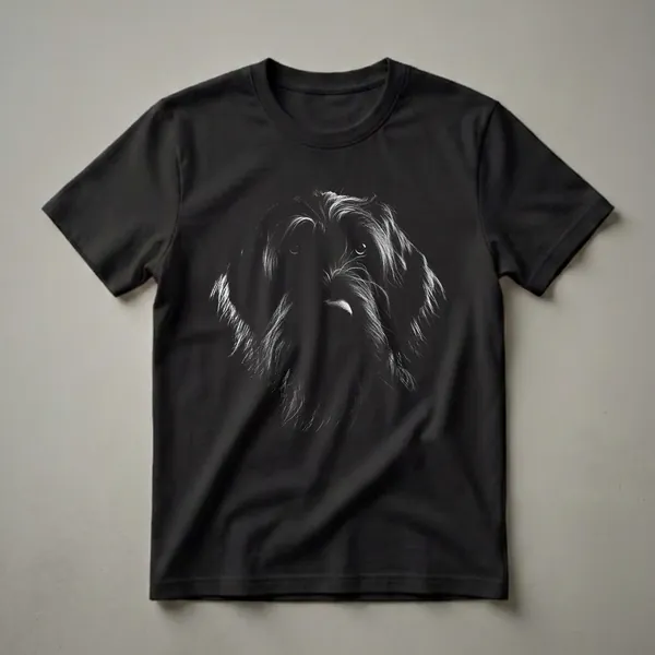 Black and white graphic t-shirt featuring the close-up face of a Wirehaired Pointing Griffon dog with textured fur and expressive eyes against a dark background.