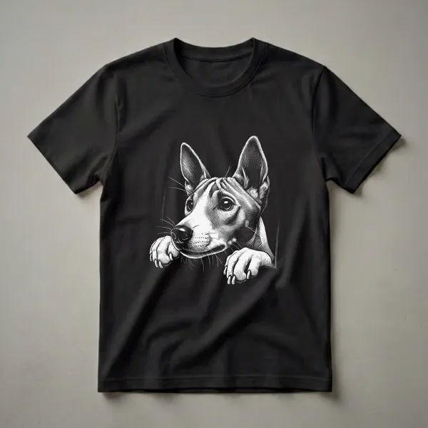 Black and white scratchboard art of a Basenji dog peeking over an edge, showing its head, ears, eyes, nose, and paws.