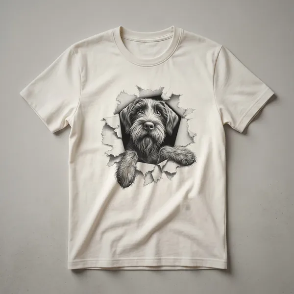 White Wirehaired Pointing Griffon dog peeking over a distressed text box on a white t-shirt.