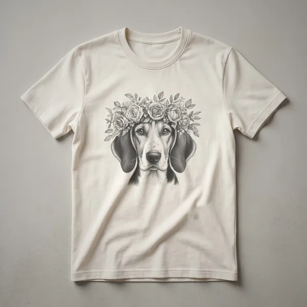 White graphic t-shirt with a floral design featuring a Treeing Walker Coonhound silhouette.