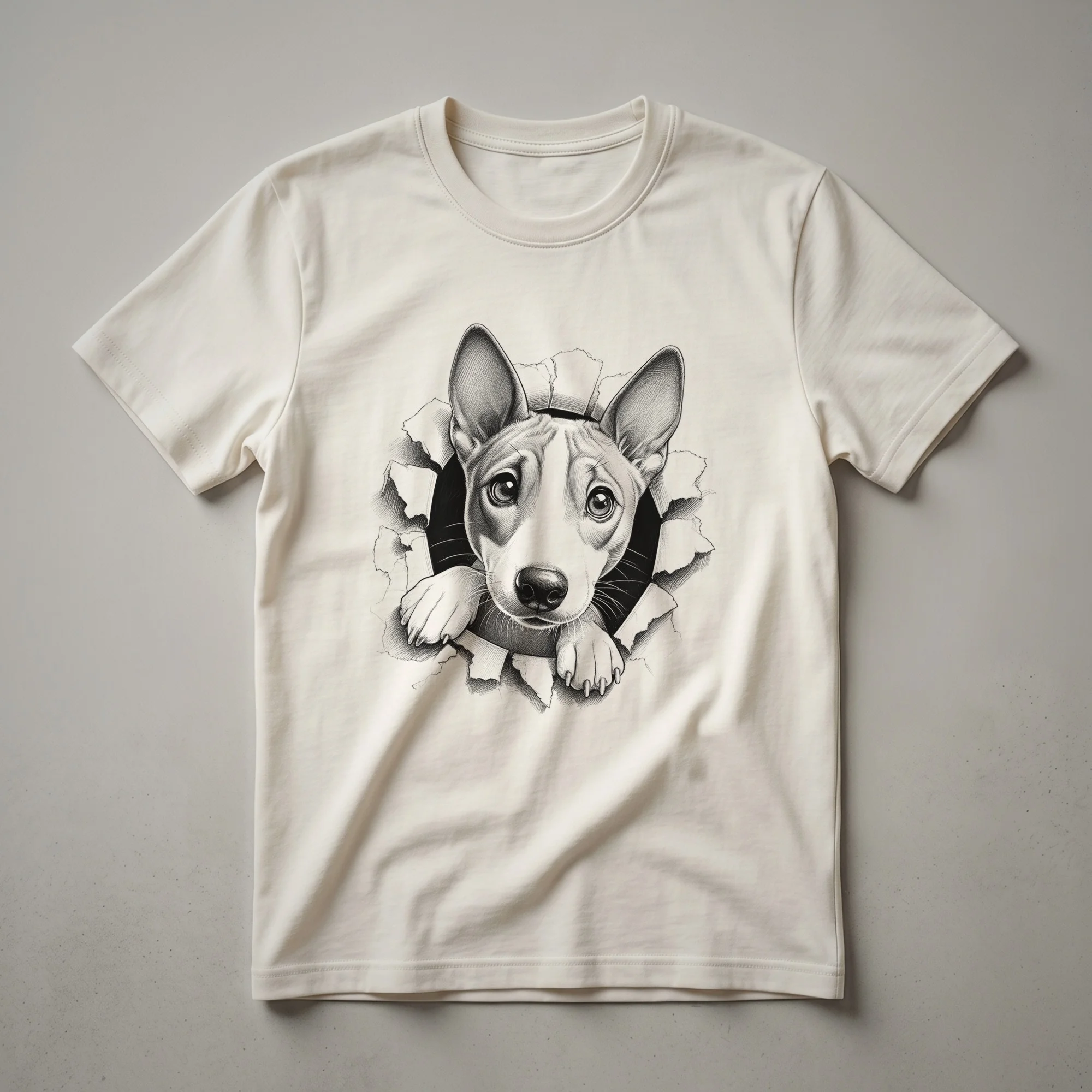 White t-shirt with a graphic of a Basenji dog peeking over a colorful floral border.