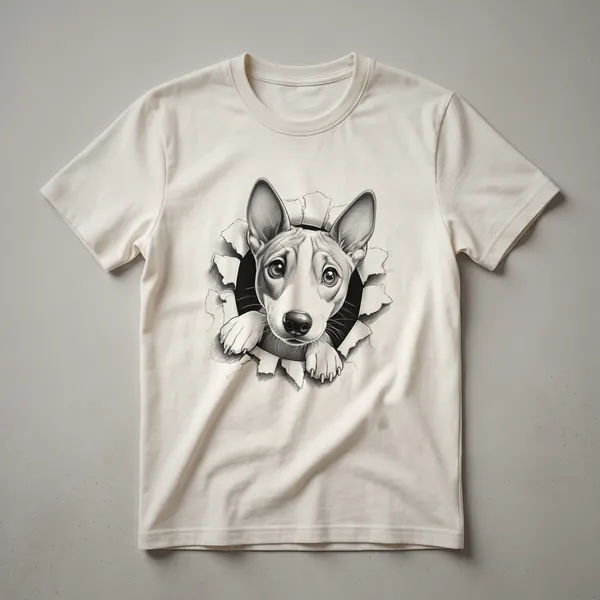 White t-shirt with a graphic of a Basenji dog peeking over a colorful floral border.