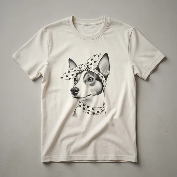 A black graphic t-shirt with a white stylized portrait of a Basenji dog's head and shoulders, with the text 'Basenji Mom' below it.