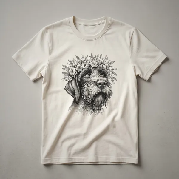 White t-shirt with a floral design featuring a Wirehaired Pointing Griffon dog surrounded by colorful flowers.