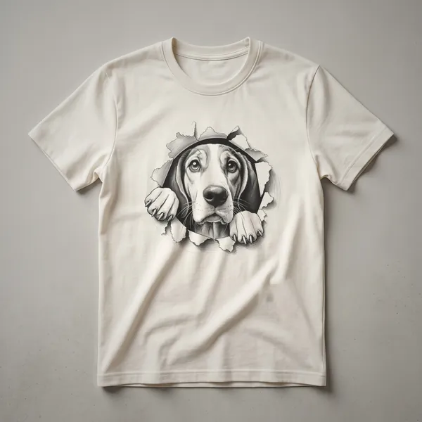 White graphic t-shirt featuring a Treeing Walker Coonhound dog peeking from the side with a curious expression.
