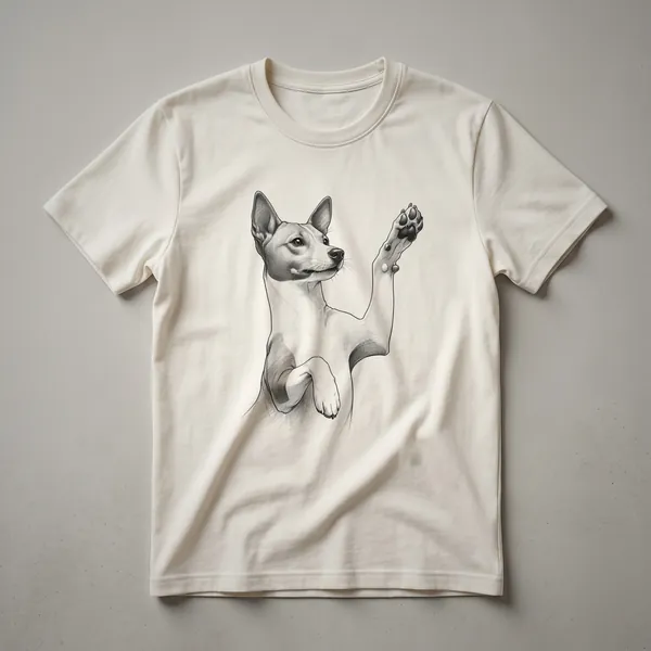 White graphic t-shirt featuring a black line drawing of a Basenji dog raising its front paw, with the text 'Basenji Dog Raising Paw Design' below.