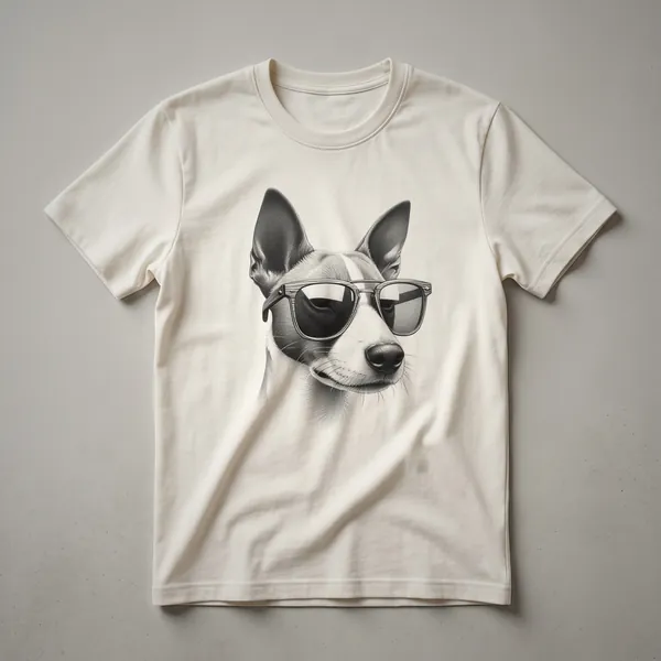 White graphic t-shirt featuring a Basenji dog wearing dark sunglasses, with the text 'Basenji' above and 'Dog Sunglasses Design' below.