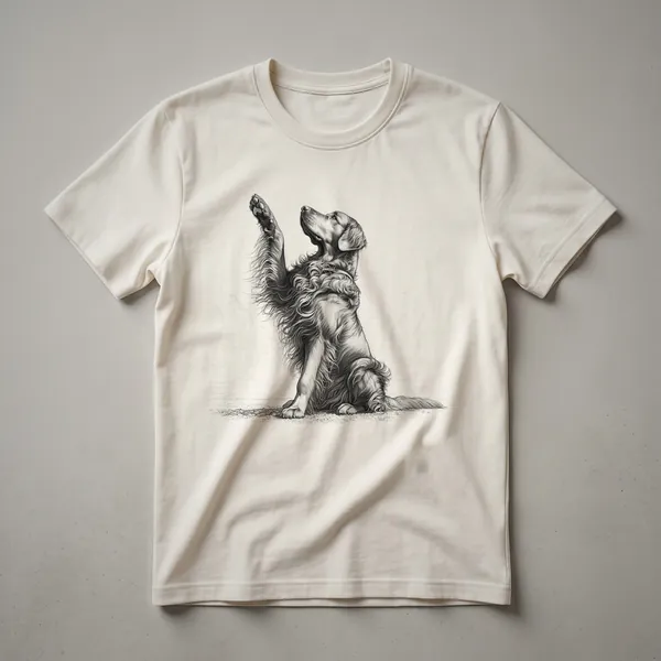 Black Flat-Coated Retriever dog raising its front paw in a graphic design on a t-shirt.