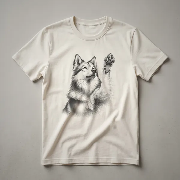 White graphic t-shirt featuring a black dog paw print with the words 'Norwegian Elkhound' inside the paw.