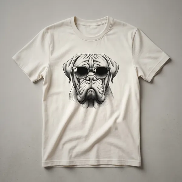 White graphic t-shirt featuring a Dogue de Bordeaux dog wearing dark sunglasses, with the text 'Dogue de Bordeaux' above and 'Sunglasses Dog Design' below.
