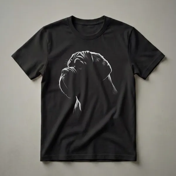 Black and white graphic t-shirt featuring the profile art of a Dogue de Bordeaux dog's face with dramatic lighting against a black background.
