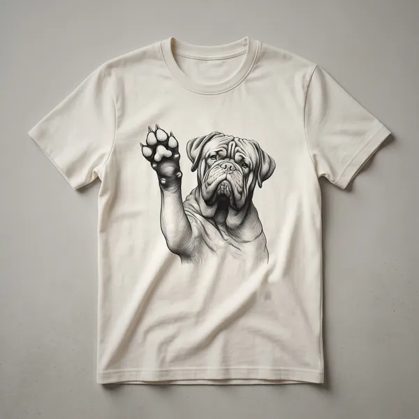 A graphic t-shirt featuring a Dogue de Bordeaux dog raising its paw in a playful gesture, presented on a plain background.