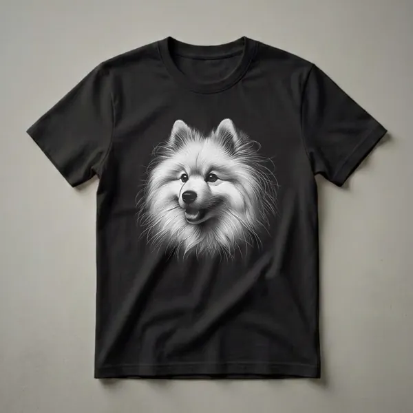 Black and white sketch of an American Eskimo Dog's face, showing its fluffy fur, dark eyes, and tongue sticking out slightly, against a solid black background.