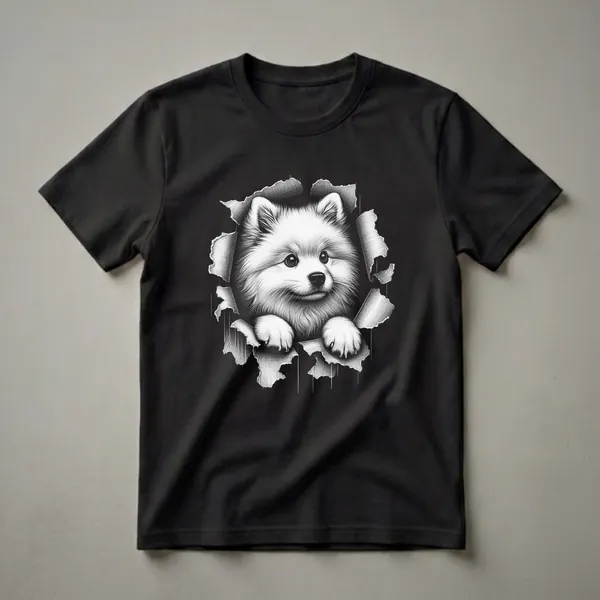 Black and white graphic t-shirt featuring a fluffy American Eskimo dog peeking through torn paper, with its paws visible.