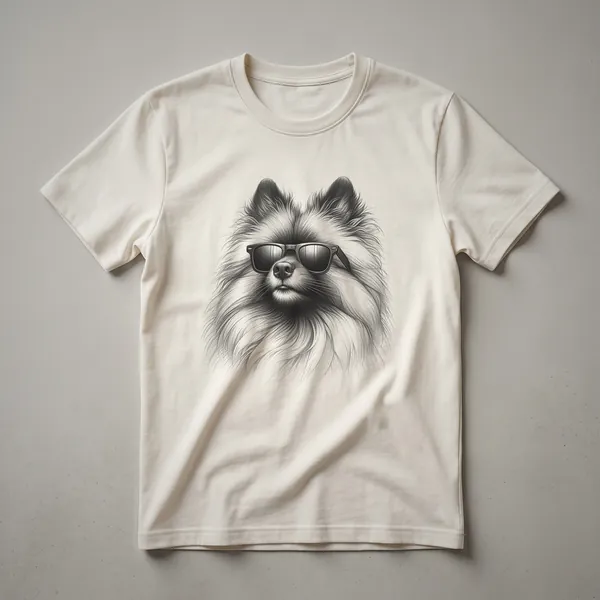 A black t-shirt featuring a distressed, vintage-style graphic of a Keeshond dog's head with its characteristic smile and mane.