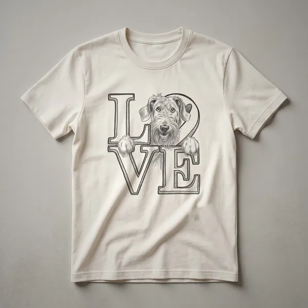 White graphic of an Irish Wolfhound dog's head with a heart symbol on a black t-shirt.