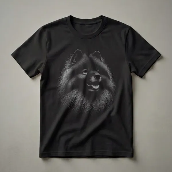 Black t-shirt with a white sketch of a Keeshond dog's head, showing detailed fur texture, expressive eyes, and a panting tongue.