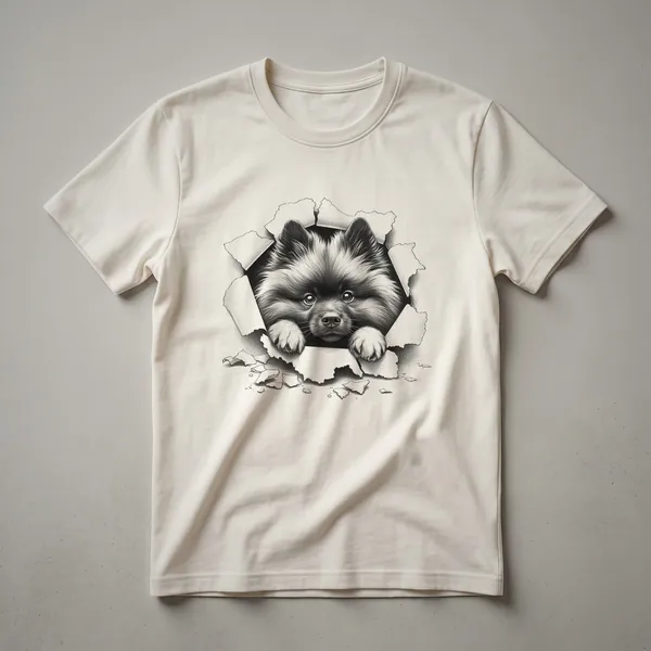 White and cream Keeshond dog with a smiling face peeking over a line, printed on a black t-shirt.