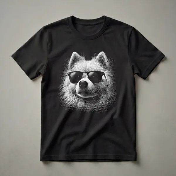 Black and white graphic t-shirt featuring a close-up of an American Eskimo Dog wearing black Wayfarer-style sunglasses against a black background.