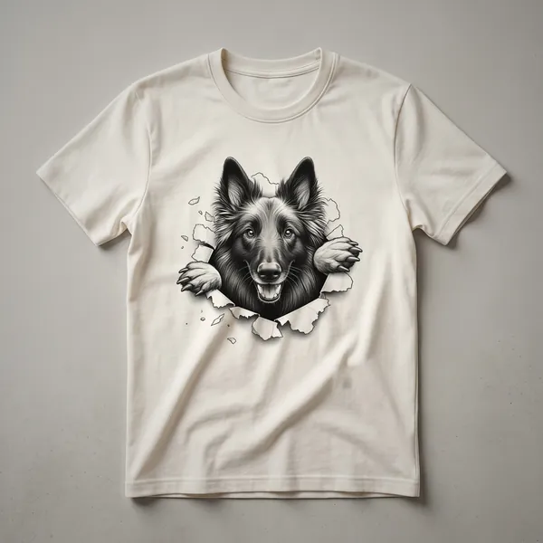White Belgian Tervuren peeking dog graphic t-shirt with a distressed texture, featuring a cartoon dog face.