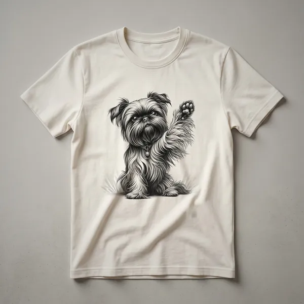 White graphic t-shirt featuring a black dog paw print with the words 'Brussels Griffon' inside the paw.