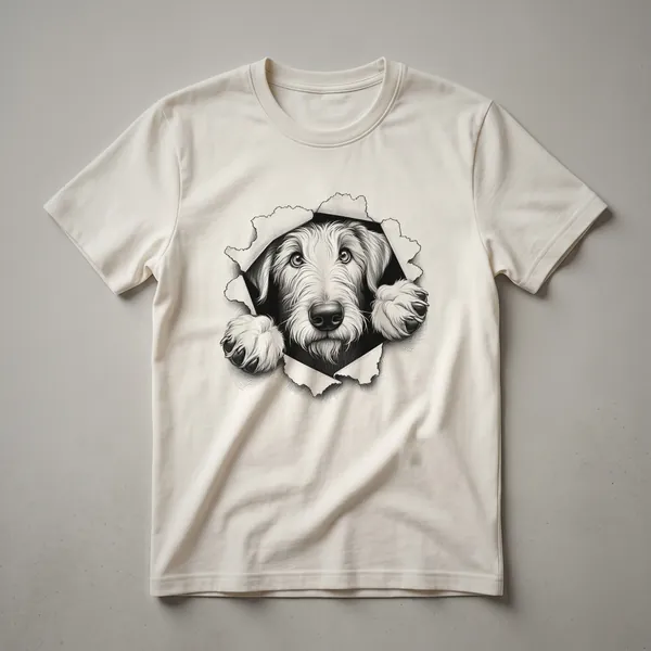 White t-shirt featuring a cartoon illustration of an Irish Wolfhound's head peeking from the bottom edge, with a friendly expression.