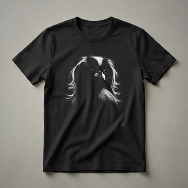Black t-shirt with a high-contrast graphic of a Japanese Chin dog's face, featuring bright white highlights on its fur, eyes, and whiskers against a black background.