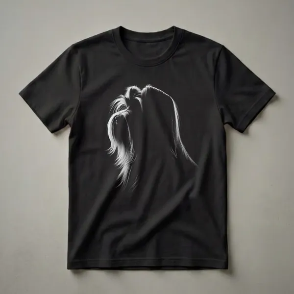 Black and white artistic profile of a Tibetan Terrier dog's face with flowing hair, set against a black background, on a t-shirt.