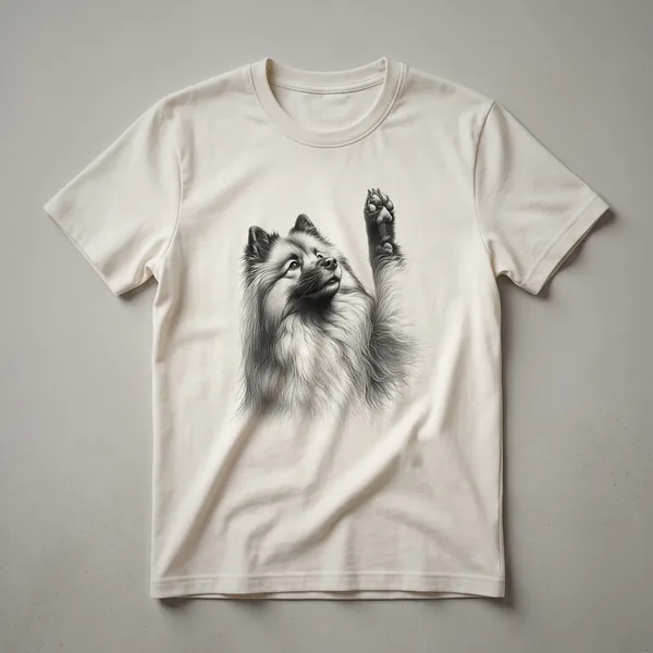 White graphic t-shirt featuring the head of a Keeshond dog with its front paw raised in a playful gesture.