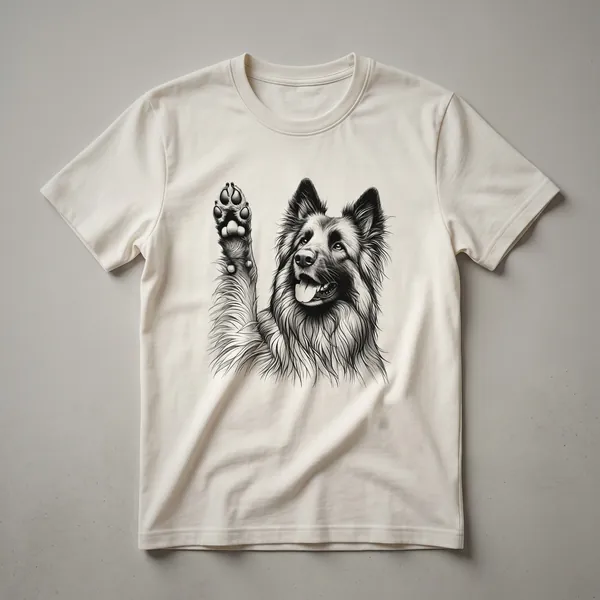 Black Belgian Tervuren dog raising its front paw in a graphic design on a white t-shirt.