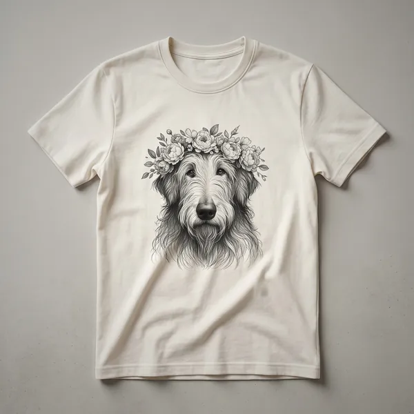 White t-shirt featuring a graphic of an Irish Wolfhound's head surrounded by colorful flowers, with the text 'Floral Irish Wolfhound Dog Flower Design For Her' below.