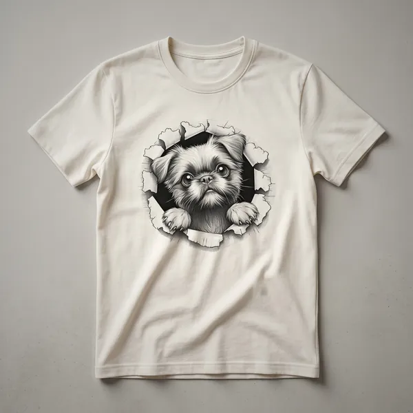 White t-shirt with a cartoon Brussels Griffon dog peeking over the bottom hem, showcasing its distinctive face and expressive eyes.