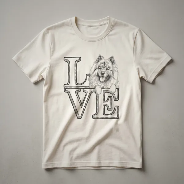White graphic t-shirt featuring a black and white Keeshond dog face with a red heart symbol.