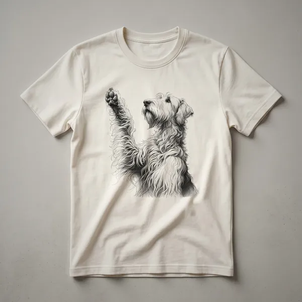 White graphic t-shirt featuring a black illustration of an Irish Wolfhound dog with its front paw raised.