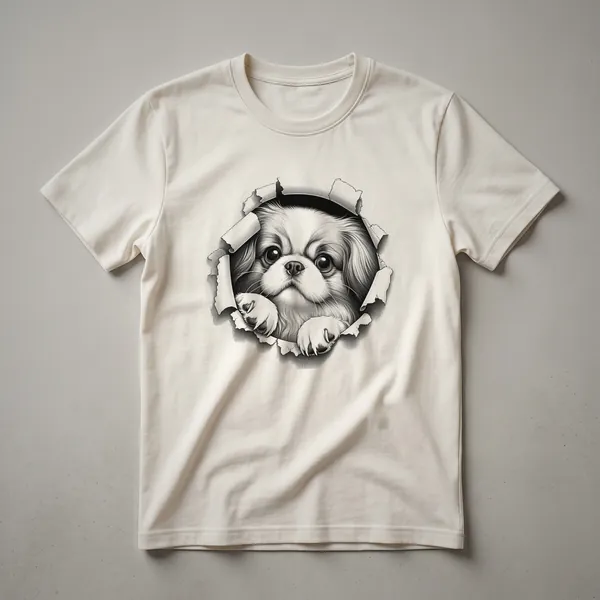 White t-shirt with a cartoon illustration of a Japanese Chin dog peeking from the bottom edge, showing its face and ears.
