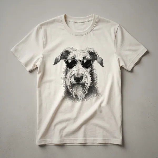 A black t-shirt featuring a graphic design of an Irish Wolfhound wearing sunglasses with a patriotic theme.