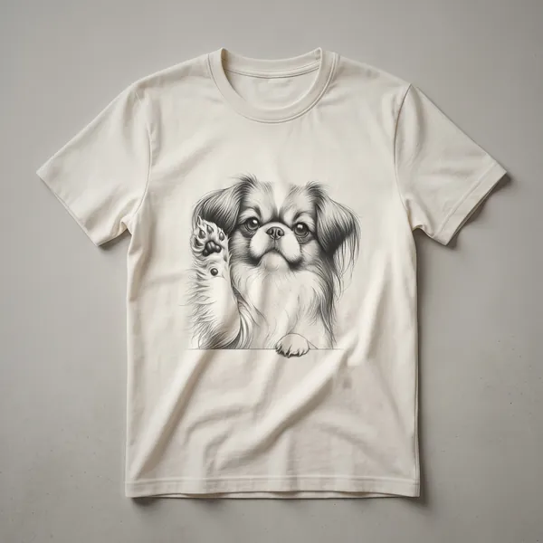 White graphic of a dog paw with a Japanese Chin dog's face in the center, on a black t-shirt.