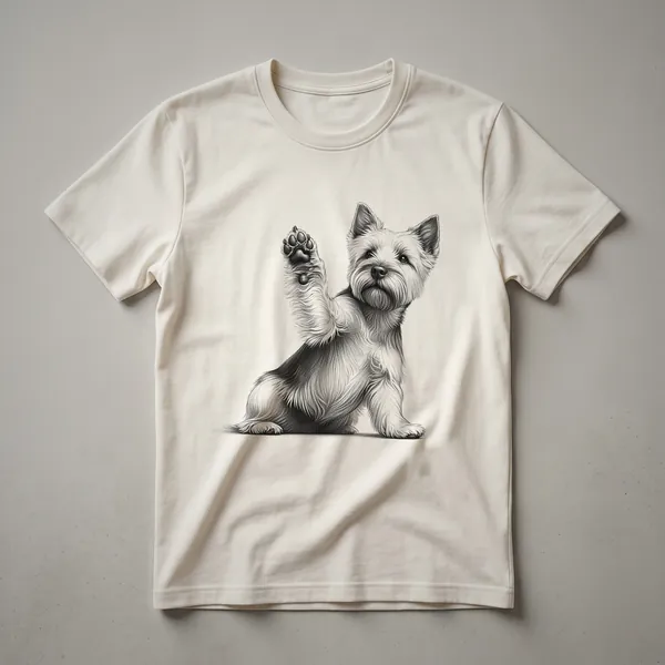 White graphic t-shirt featuring a black and white illustration of a Norwich Terrier dog with its front paw raised.