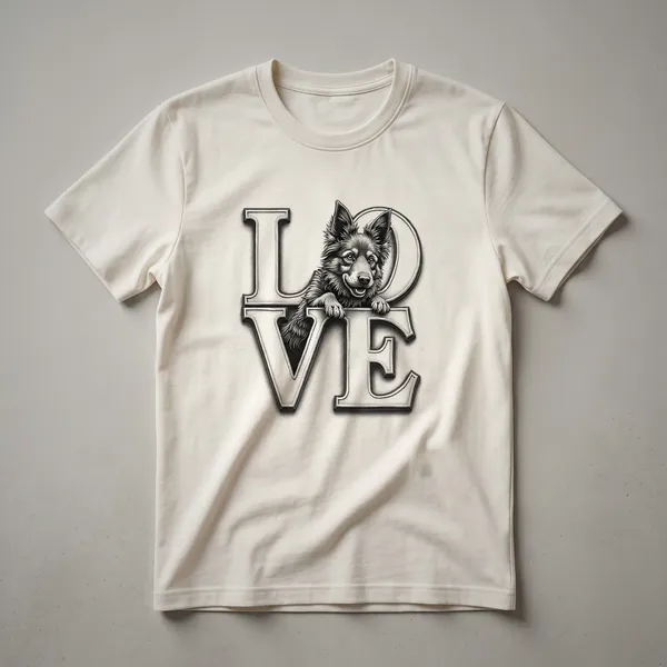 Black t-shirt with a graphic of a Belgian Tervuren dog's head outlined with a heart shape, symbolizing love for the breed.
