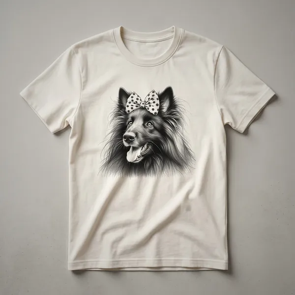 A white graphic t-shirt featuring a distressed portrait of a Belgian Tervuren dog's head in black and grey.