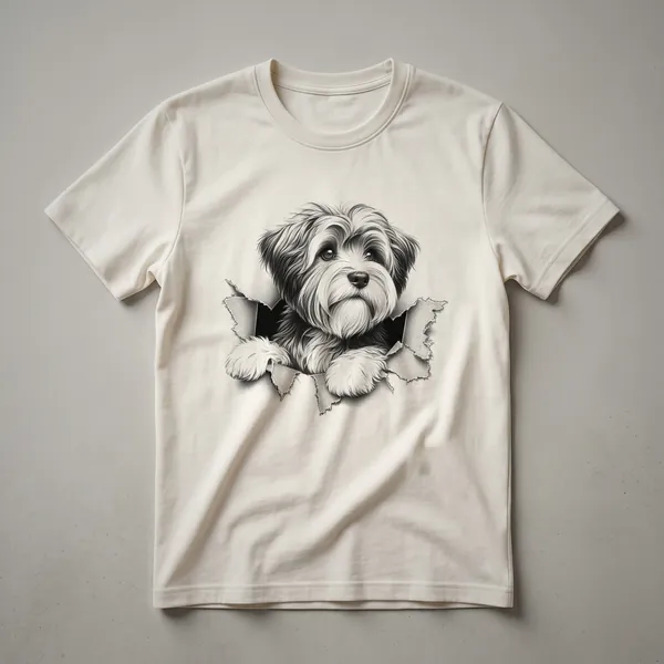 White t-shirt with a cartoon illustration of a Tibetan Terrier puppy peeking from the bottom edge, showing its face and front paws.