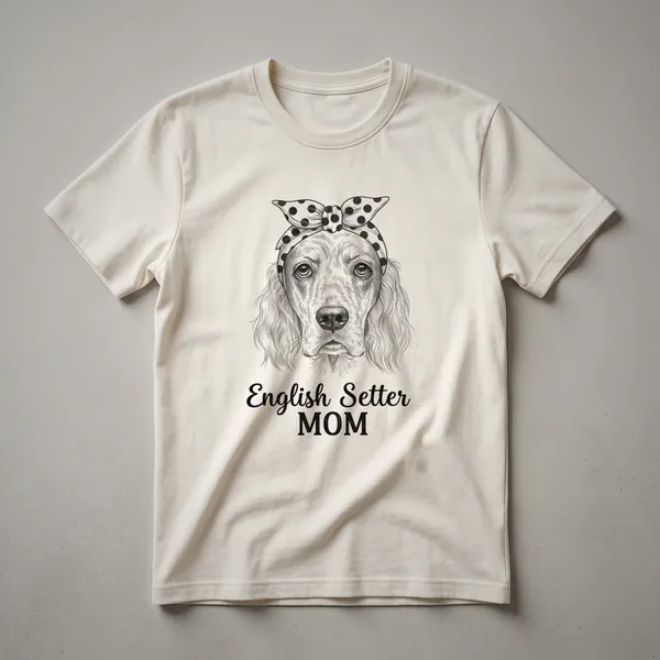 White graphic t-shirt featuring a distressed vintage portrait of an English Setter dog's head, with the words 'English Setter Mom' above it.