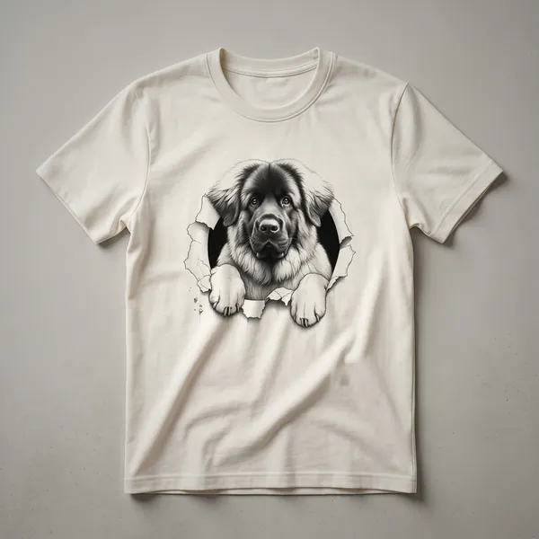 A white graphic t-shirt featuring a black and tan Leonberger dog peeking over the bottom edge of the design.
